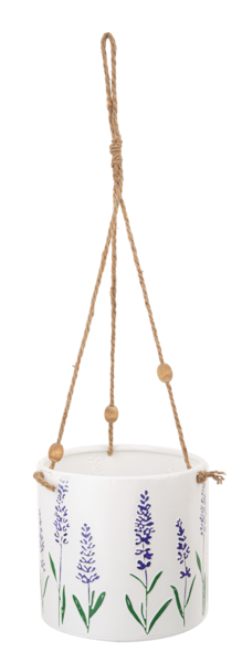Embossed Lavender Round Metal Hanging Planter with Wood Beads