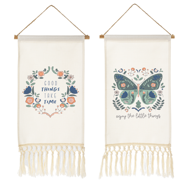 Fringed Boho Butterfly or Floral Wreath with Text Wall Decor
