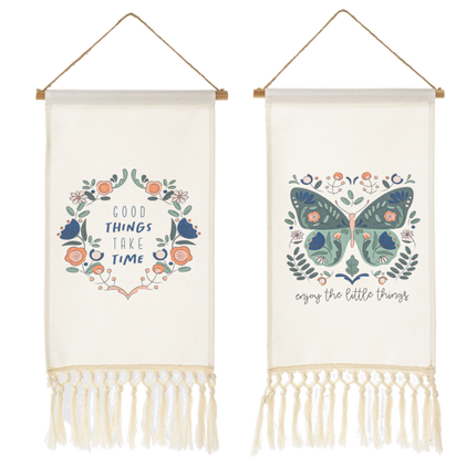 Fringed Boho Butterfly or Floral Wreath with Text Wall Decor