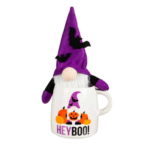 "Hey Boo"  Ceramic Cup, 12 OZ, with 5" Plush Halloween Gnome,