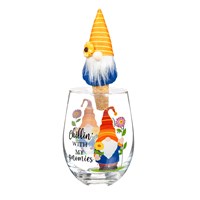 "Chillin with my Gnomies",17 OZ Stemless Glass with Garden Gnome Stopper,  Gift Set