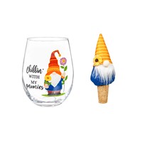 "Chillin with my Gnomies",17 OZ Stemless Glass with Garden Gnome Stopper,  Gift Set